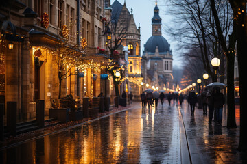 Fototapeta na wymiar Twilight scene of pedestrians walking on a wet city street adorned with festive lights, reflecting on the pavement.