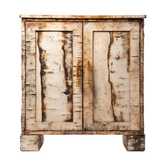 Front view Damaged & rustic Birchwood Bliss Cabinet isolated on transparent background.