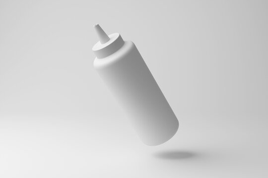 White sauce bottle floating in mid air on white background in monochrome and minimalism. Illustration of the concept of condiments and food seasoning