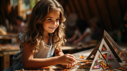 Fototapeta premium Smiling young girl playing with a triangular puzzle game on a wooden table, bathed in warm sunlight.