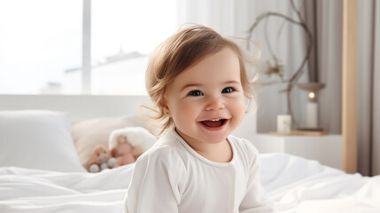 A small child smiles while sitting on a white crib.