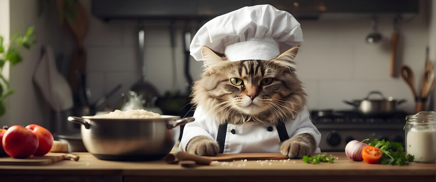 Cat chef cooking in the kitchen.