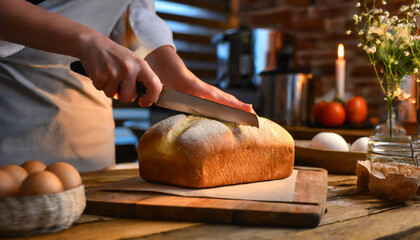 Handmade Organic Bread: Delicious and Freshly Baked in a Rustic Kitchen - obrazy, fototapety, plakaty