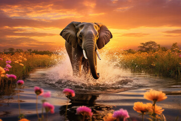 A joyful elephant in vibrant colors is running through the water in the bright light of the sunset