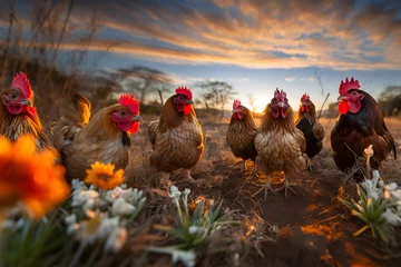 Fototapeten A lot of chickens on the grass , looking at the camera. © Nadezda Ledyaeva
