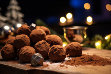 Festive Ambiance with Chocolate truffles Illuminated by Warm Candlelight - obrazy, fototapety, plakaty