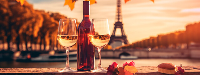 Wine picnic with the Eiffel Tower in the background. Selective focus. - obrazy, fototapety, plakaty