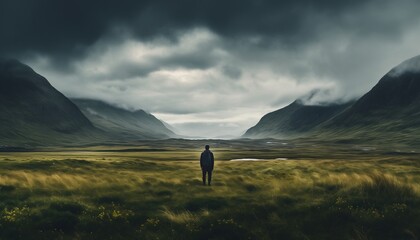 Scenery behind alone one man stand in the middle of the grass surrounded by highland landscape scenery and overcast sky. - obrazy, fototapety, plakaty