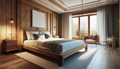 Fototapeta premium Modern Interior Design: Luxury Bedroom in Contemporary Style with White Walls and Wood Flooring
