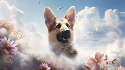 A german shepherd dog in a field of flowers - obrazy, fototapety, plakaty