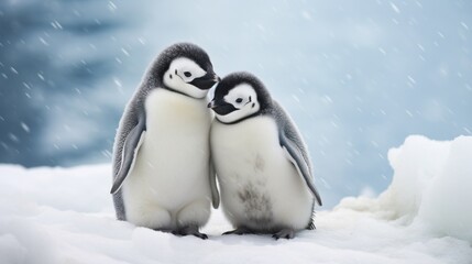 Two penguins standing next to each other in the snow