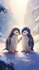 A couple of penguins standing next to each other