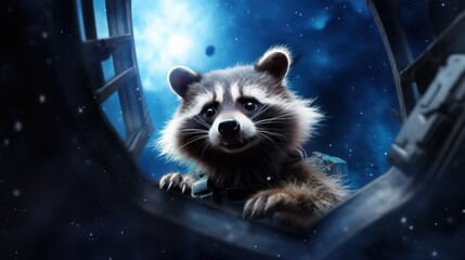 A raccoon looking out of a window in a space station