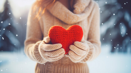 A woman holds a knitted heart in her hands. Selective focus.