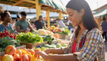 Healthy Grocery Shopping at an Organic Food Market: Young Woman Choosing Fresh Vegetables at a Stall