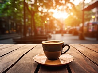 Obraz premium Fresh Black Coffee in Outdoor Cafe, Coffee Cup in Coffeeshop City, Black Coffee on Restaurant Table