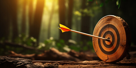 Archery bow and arrow with a target behind. - obrazy, fototapety, plakaty