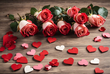 red rose petals on a wooden background, Valentine's day
