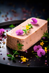 A piece of chocolate mousse cake decorated with flowers. Selective focus.