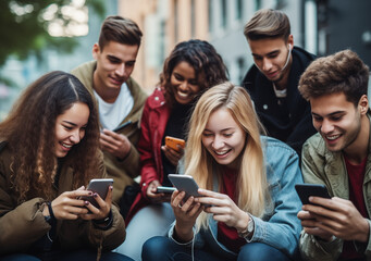 Group of young people using smart mobile phone outdoors - Happy friends with smartphone laughing together watching funny video on social media platform - Tech and modern life style concept. - obrazy, fototapety, plakaty