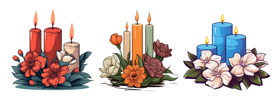 cartoon set of candles and flowers