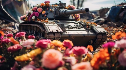 Tank overgrown with flowers - obrazy, fototapety, plakaty