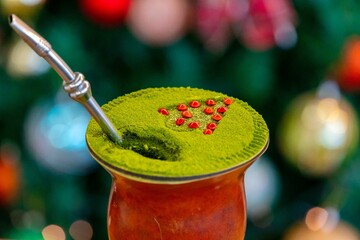 Traditional Brazilian chimarrão prepared with yerba mate (Ilex paraguariensis) decorated with a...