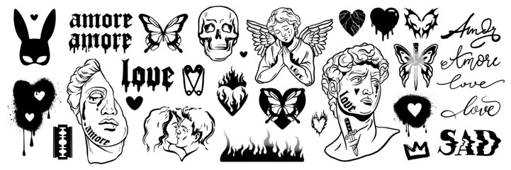 Y2k love tattoo sticker set, vector gothic heart icon, 90s vintage glam Valentine Day sign, angel. Greek sculpture head, 2000s trendy emo butterfly, fire flame, lettering, skull. Y2k love aesthetic