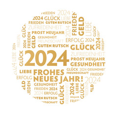 Neujahrsgr&uuml;&szlig;e 2024 runde Form - goldene Schrift auf wei&szlig;em Hintergrund - deutsch