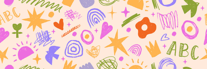 Children doodle seamless pattern, cute childish vector background print, kids funny naive texture. Cartoon hand drawn scribble shapes, flowers, stars freehand squiggle. Wax crayon children doodle