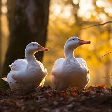 Dois Patos brancos caminhando na floresta amarela durante o outono  - Papel de parede