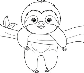 Coloring page of cute sloth hanging on the tree coloring page © Saly