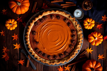 Pumpkin pie on the table. Selective focus.
