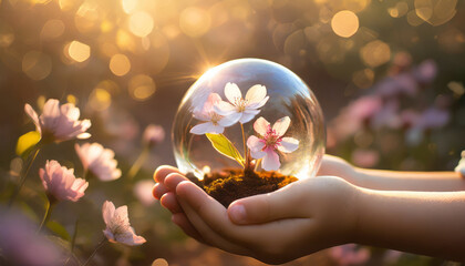 Glass ball with flowers in children's hands. Concept of caring for the environment. - Powered by Adobe