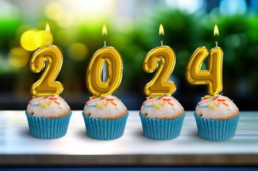 Cupcakes with 2024 number candles for  New Year