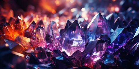 Multicolored crystals shines against an abyssal backdrop - obrazy, fototapety, plakaty