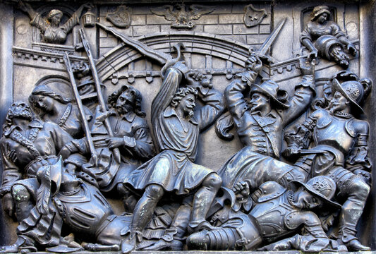 Geneva, Switzerland, Europe - detail of Escalade Fountain (1857) scene of Protestant Geneva&rsquo;s historical victory over Catholic French - Savoyard troops on December 11-12 in 1602
