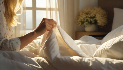 Woman's hand laying a white sheet on the bed