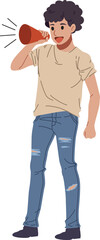 Teenager boy shouting on megaphone or speak announcement illustration