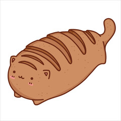 Kawaii Cat Loaf Bread Mascot.Cartoon Vector Icon Illustration.Animal and food icon concept isolated on white background.Flat cartoon style clipart for sticker, card, t-shirt design,cafe logo