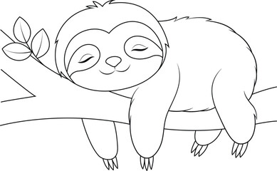 Cute sloth sleeping on the tree coloring page © Saly