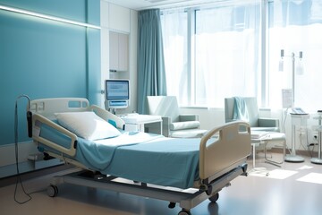 Hospital room with a bed, Comfortable medical Interior of an empty hospital room and Recovery Room with beds Ai generated