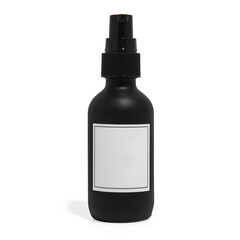 Black skincare pump bottle with blank label on white background