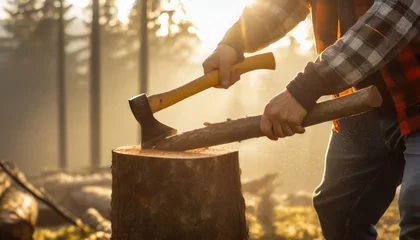Foto op Plexiglas Professional Lumberjack at work cutting tree for firewood in the forest © SashaMagic