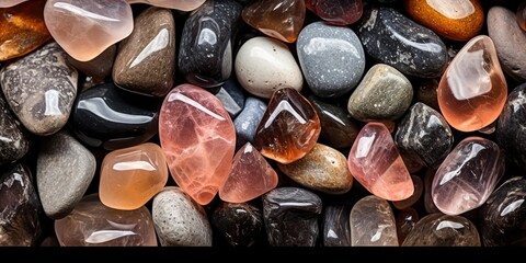 Polished stones in earthy tones glisten with reflected light
