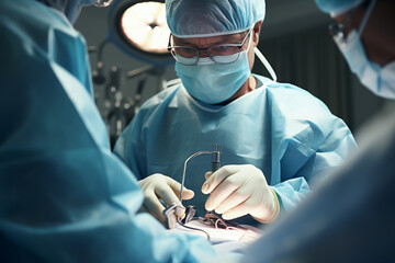 Surgery, surgeon and nurse in an emergency surgical setting, patient undergoing a laparoscopy - obrazy, fototapety, plakaty