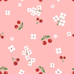 Seamless pattern of red cherry fruit with green leaf and cute flower on pink background vector.