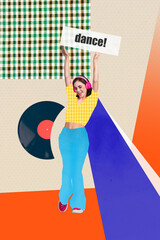 Vertical collage of positive satisfied girl listen music headphones enjoy dance rejoice vinyl...