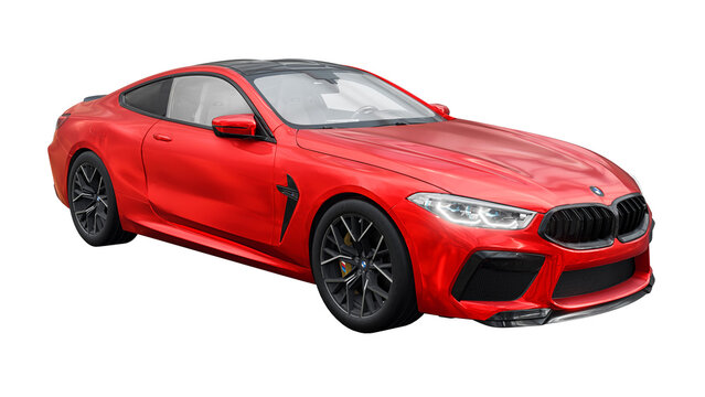 Germany, Berlin. December 10, 2023. BMW M8 2021. Large red ultra sports coupe GT executive class on a white background. 3d rendering.