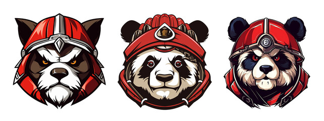 Cartoon set of panda head mascot wearing war helmet